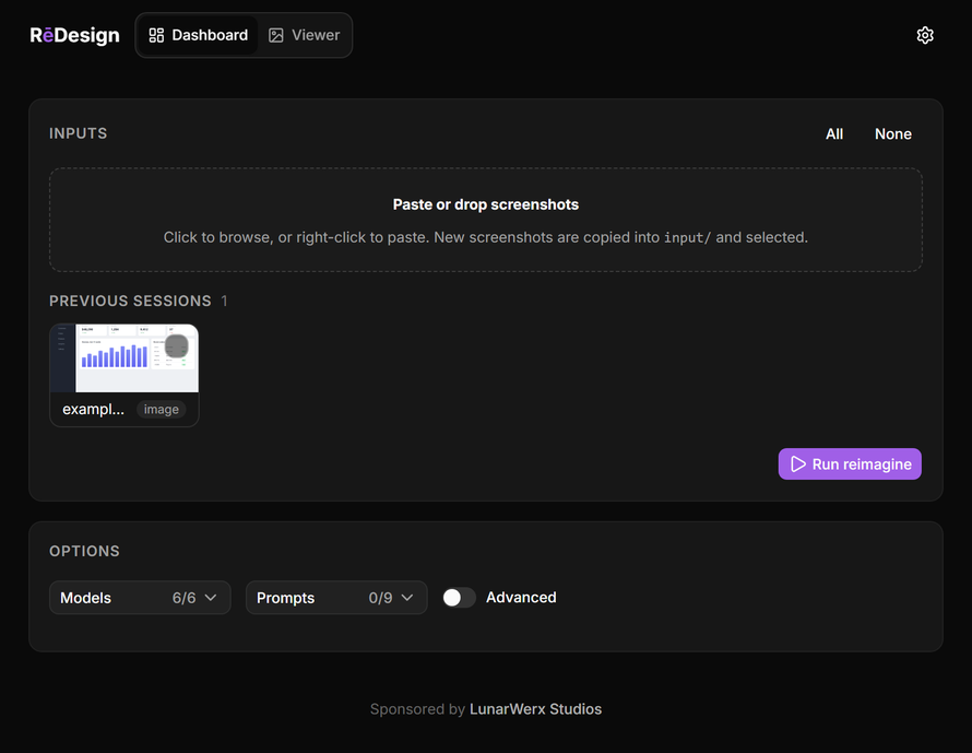 The RēDesign control panel with the sample dashboard loaded: paste or drop screenshots, pick models and prompts, then hit Run reimagine.