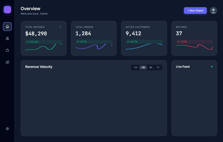 Qwen's bold take: a dark dashboard with teal spark lines